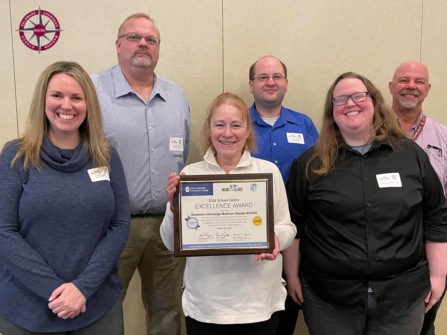 Receiving Utica National’s School Safety Excellence Award on behalf of DCMO BOCES were Board President Vanessa Warren, Health & Safety Coordinator Jason Lawrence, Mental Health Coordinator Amanda Hoover, and Health & Safety staff Alison Bensley, Trevor Natoli, and Rick Shaw.